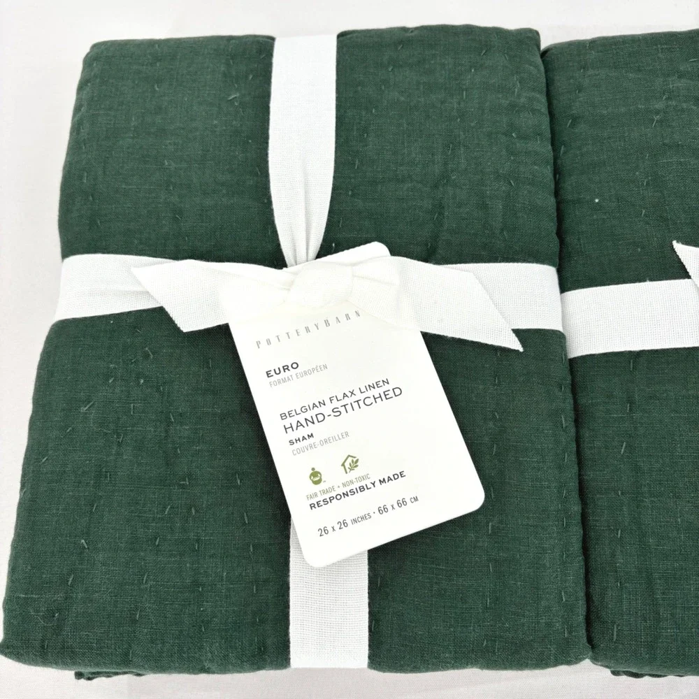 NEW Pottery Barn Belgian Flax Linen Hand-Stitched Euro Sham Set of 2 Pine Green